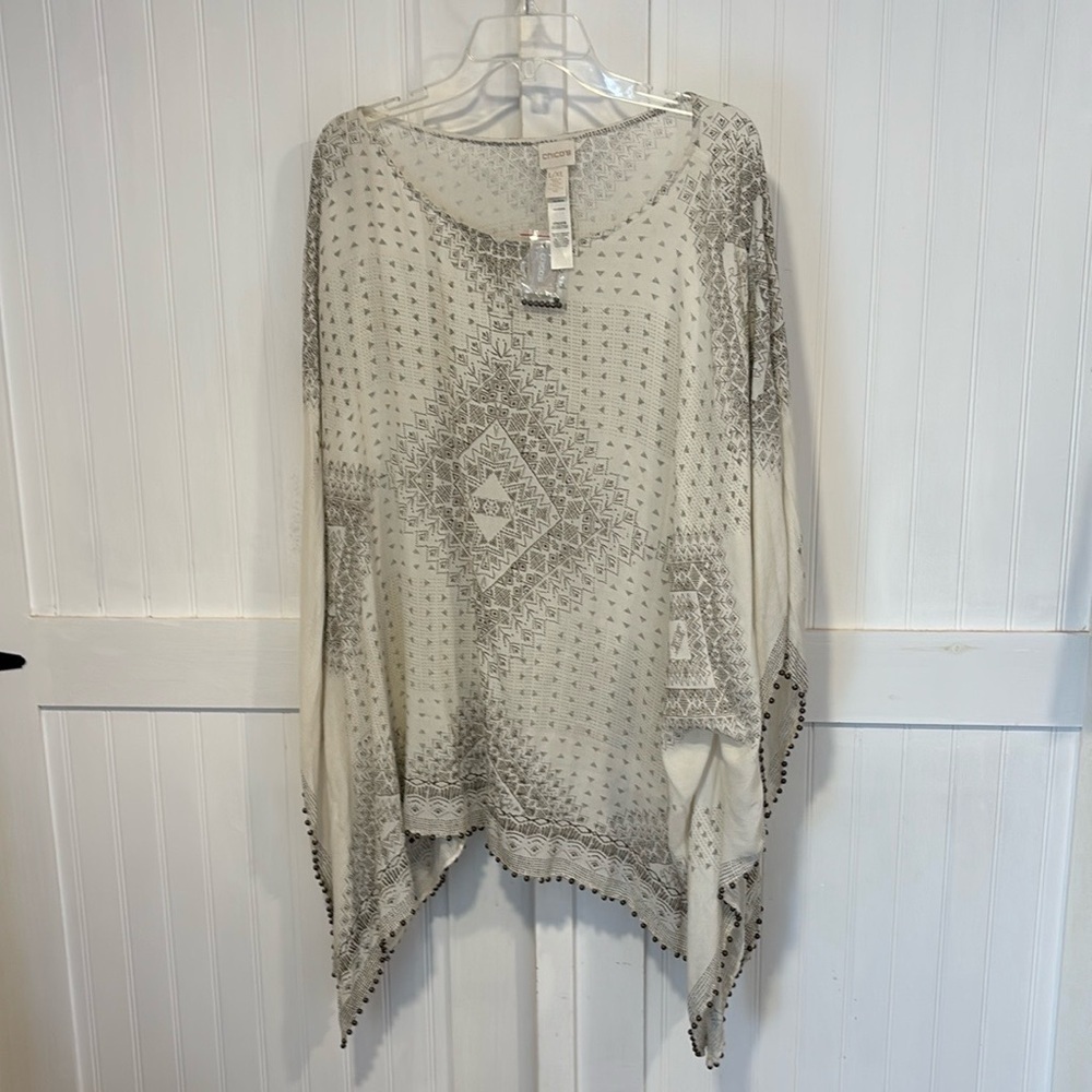 Chico’s cream & brown beaded peri poncho oversized L/XL